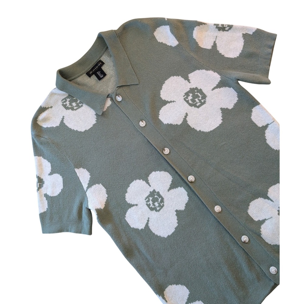 Art of Rhetoric Men's Small Floral Knit Button Front Polo Shirt Sage Green